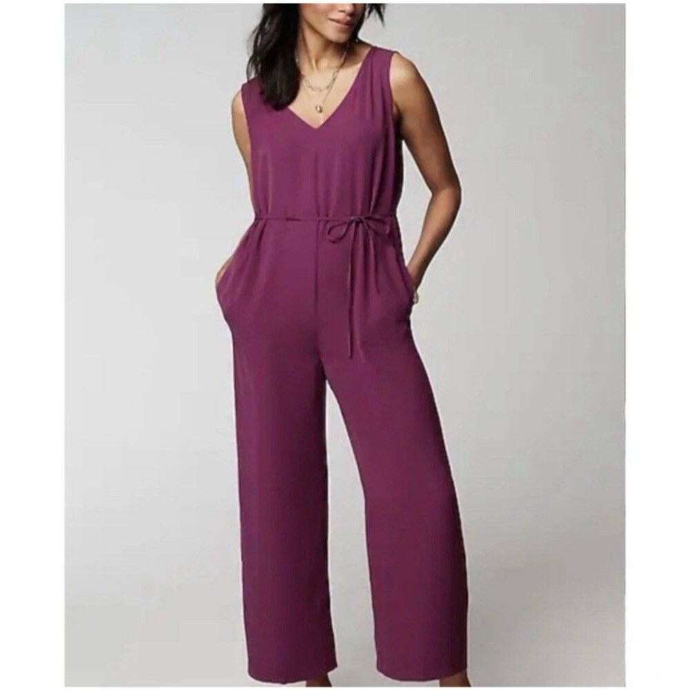 J. Jill Double V-Neck Jumpsuit Size Large Petite Mulberry Burgundy Sleeveless